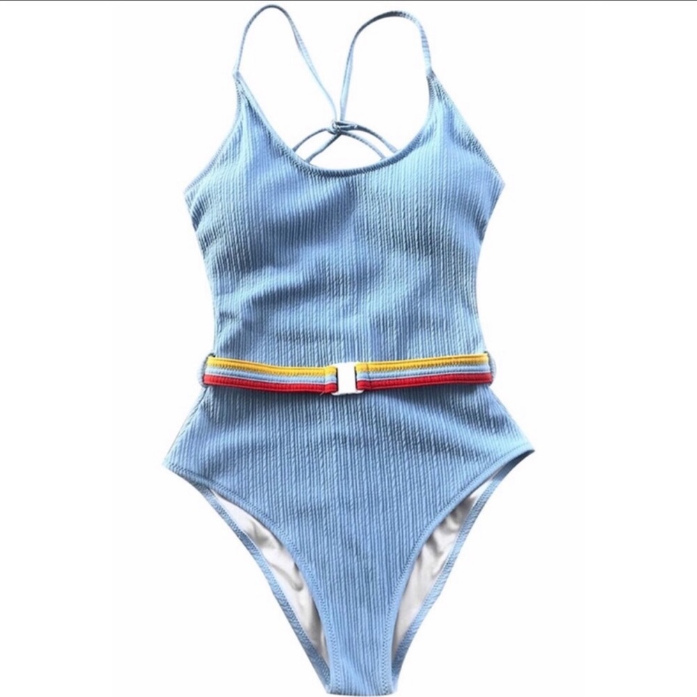 CupShe Retro Blue One Piece Belted Swimsuit